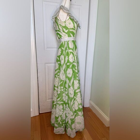 Vintage 1970s Floral Maxi Dress Ruffle Collar Off Shoulder Dress - Picture 6 of 15